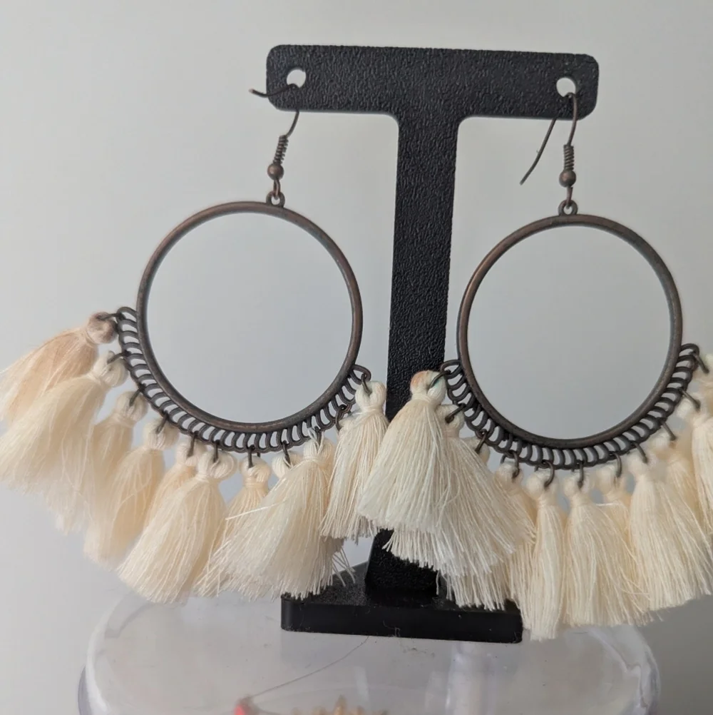 Elegant Cream Tassel Hoop Earrings